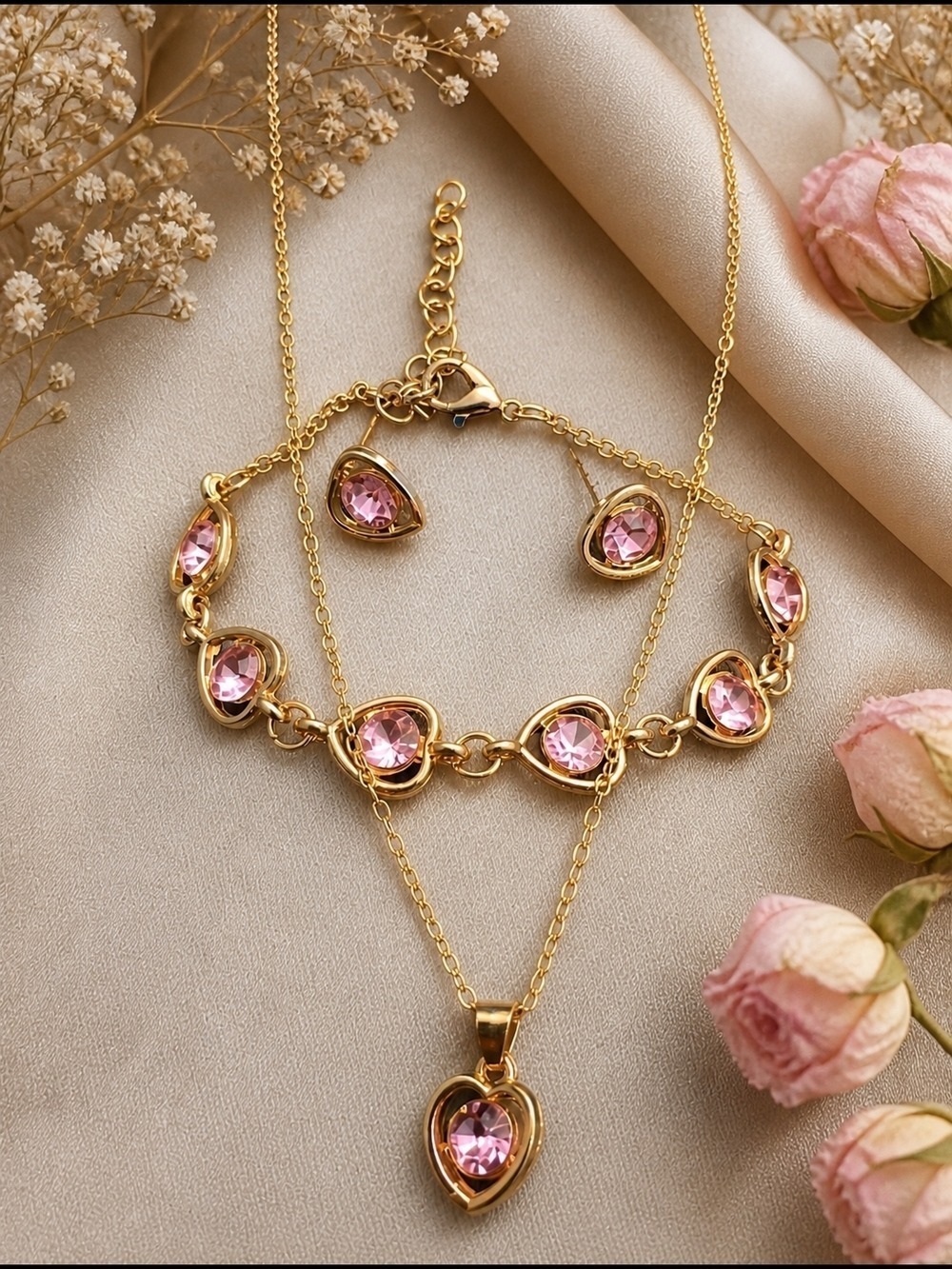 Crystal Pink Heart Pendant Necklace Earrings Bracelet Set